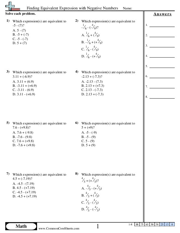 Finding Equivalent Expression with Negative Numbers worksheet